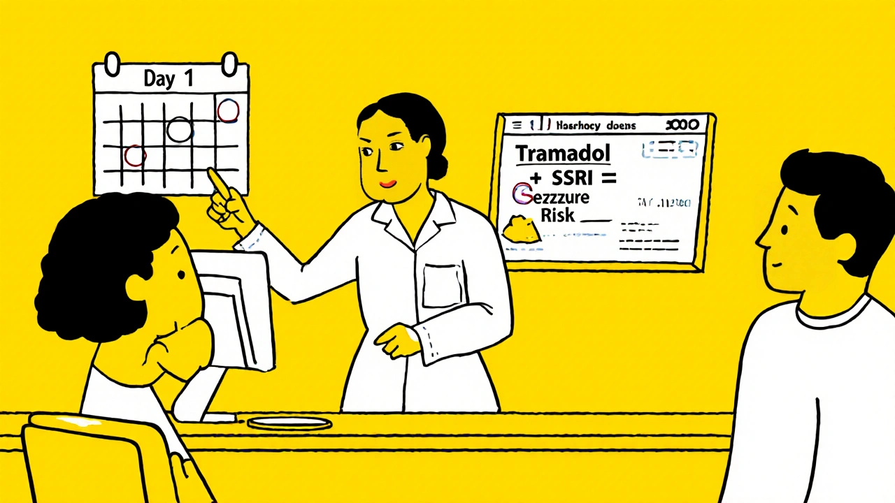A pharmacist pointing at a drug interaction alert on a screen while a patient looks confused.