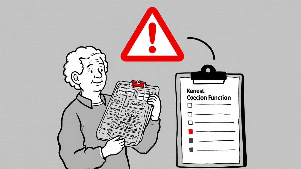 An elderly person with a pill organizer and a warning sign above them, representing increased seizure risk with age.