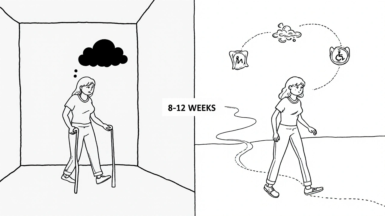 Before and after of a woman with chronic pain, transitioning from cane to confident walk.