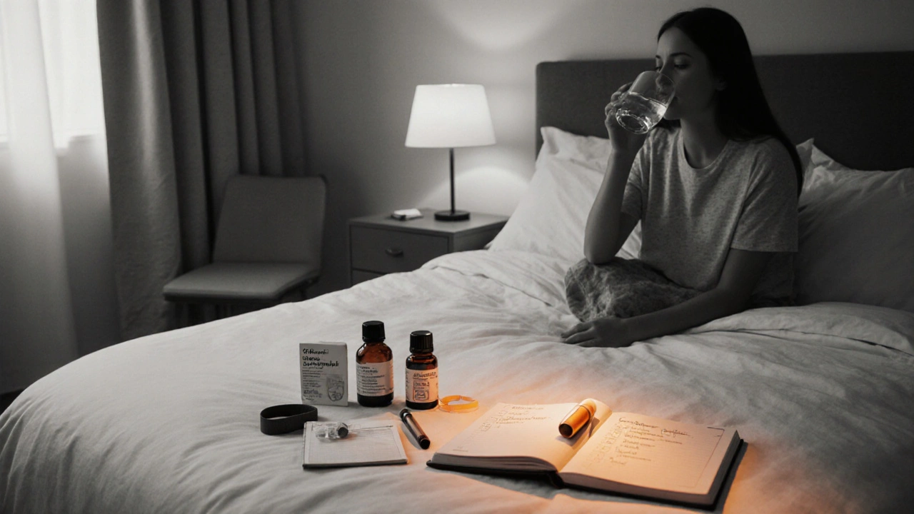 Calm bedroom scene with amber‑highlighted travel kit: scopolamine patch, ginger, wristband, and checklist.