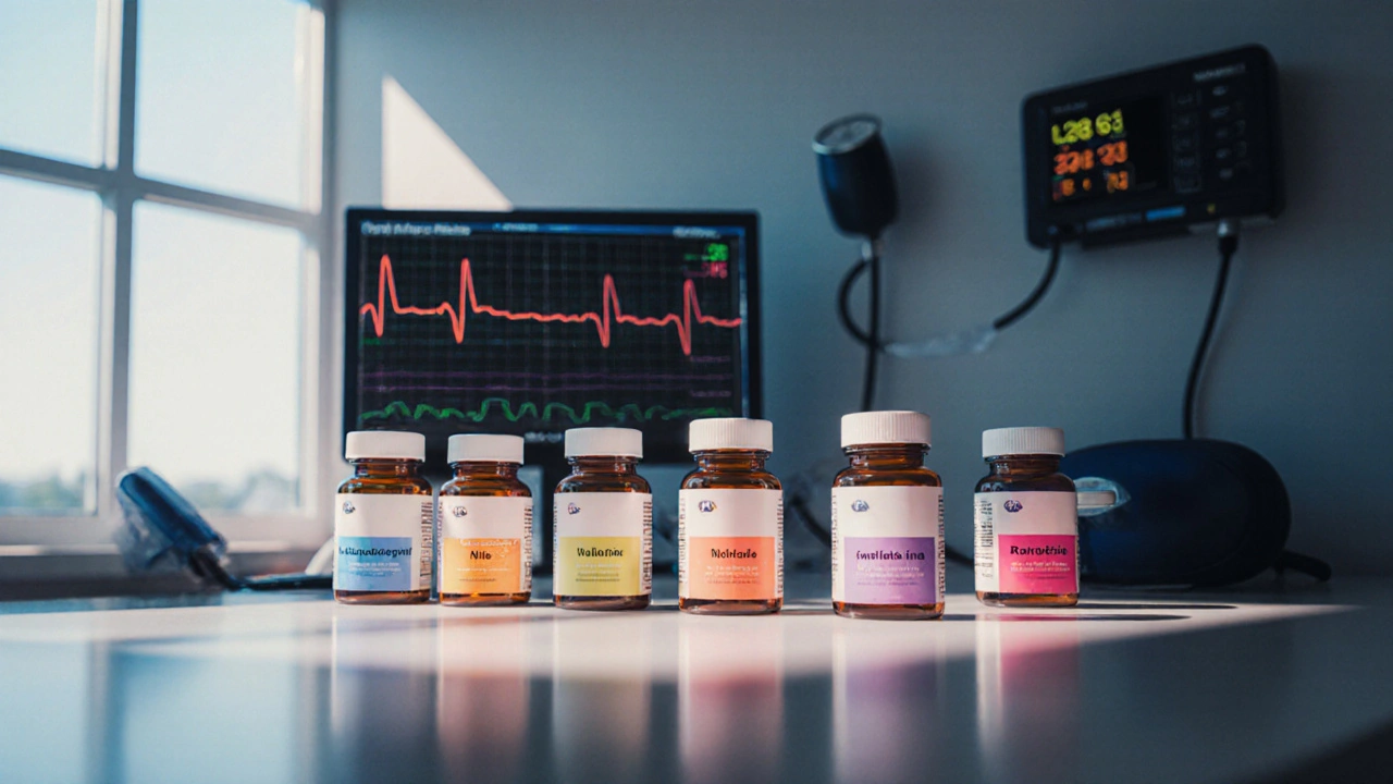 Cardiology desk with color‑coded anti‑anginal pill bottles and medical monitors.