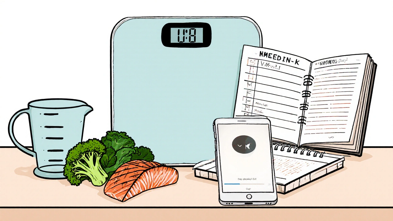 Cartoon line art of a kitchen scale, measuring cup, food items and a phone app for vitamin K tracking.