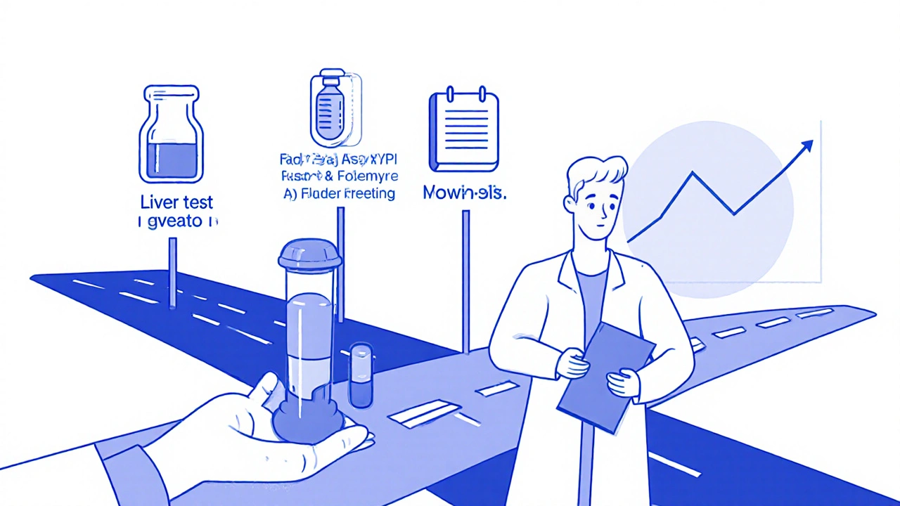 Cartoon line art of a patient at a crossroads with symbols for liver tests, follow‑up, and symptom diary.