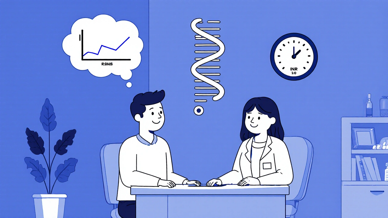Cartoon line art of a patient with pharmacist, DNA helix, and an INR gauge showing stable range.