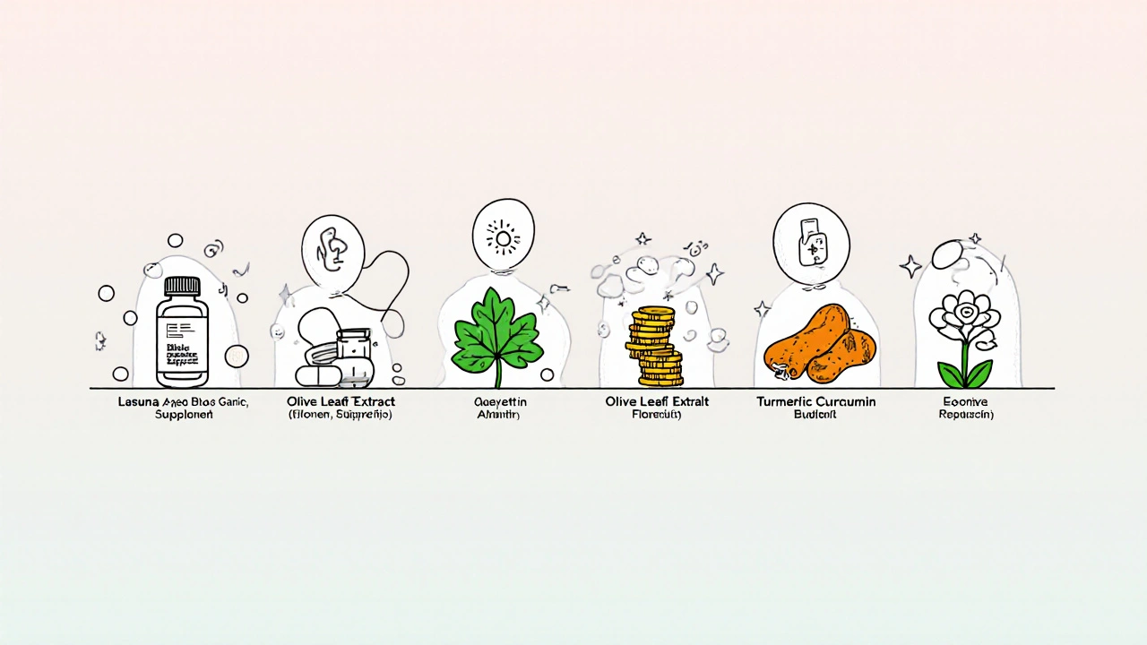 Cartoon line drawing comparing six supplement types with distinct icons.