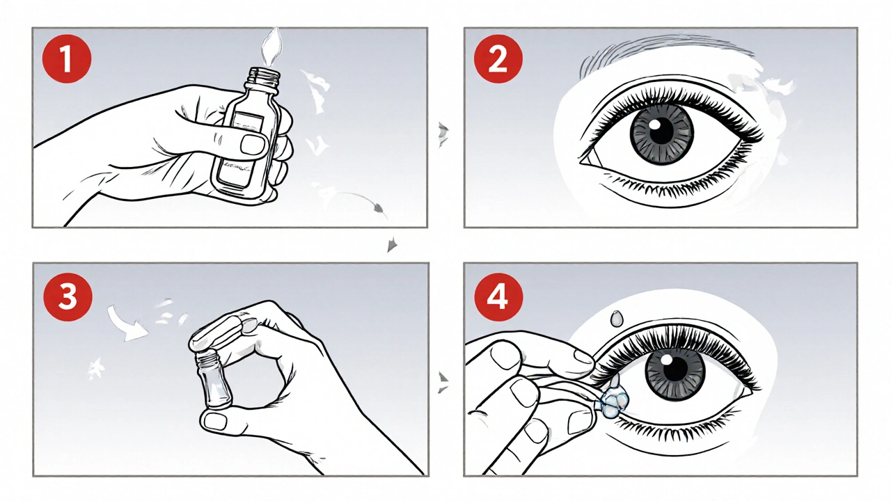 Cartoon line drawing showing a hand applying eye drops with the lower eyelid pulled down and a gentle pressure on the inner corner.