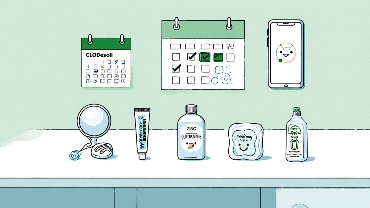 Checklist of dental tools, medication bottles, ice cube, and phone for oncology contact.
