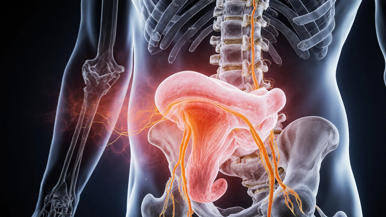 Cross‑section illustration of enlarged prostate compressing nerves leading to the lower back.
