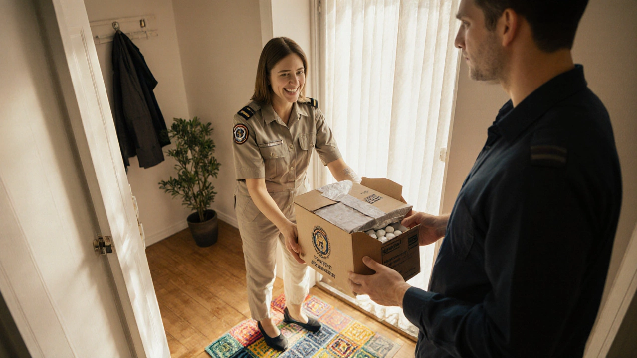 Delivery scene with courier handing a sealed box containing doxycycline tablets at a sunny doorstep.