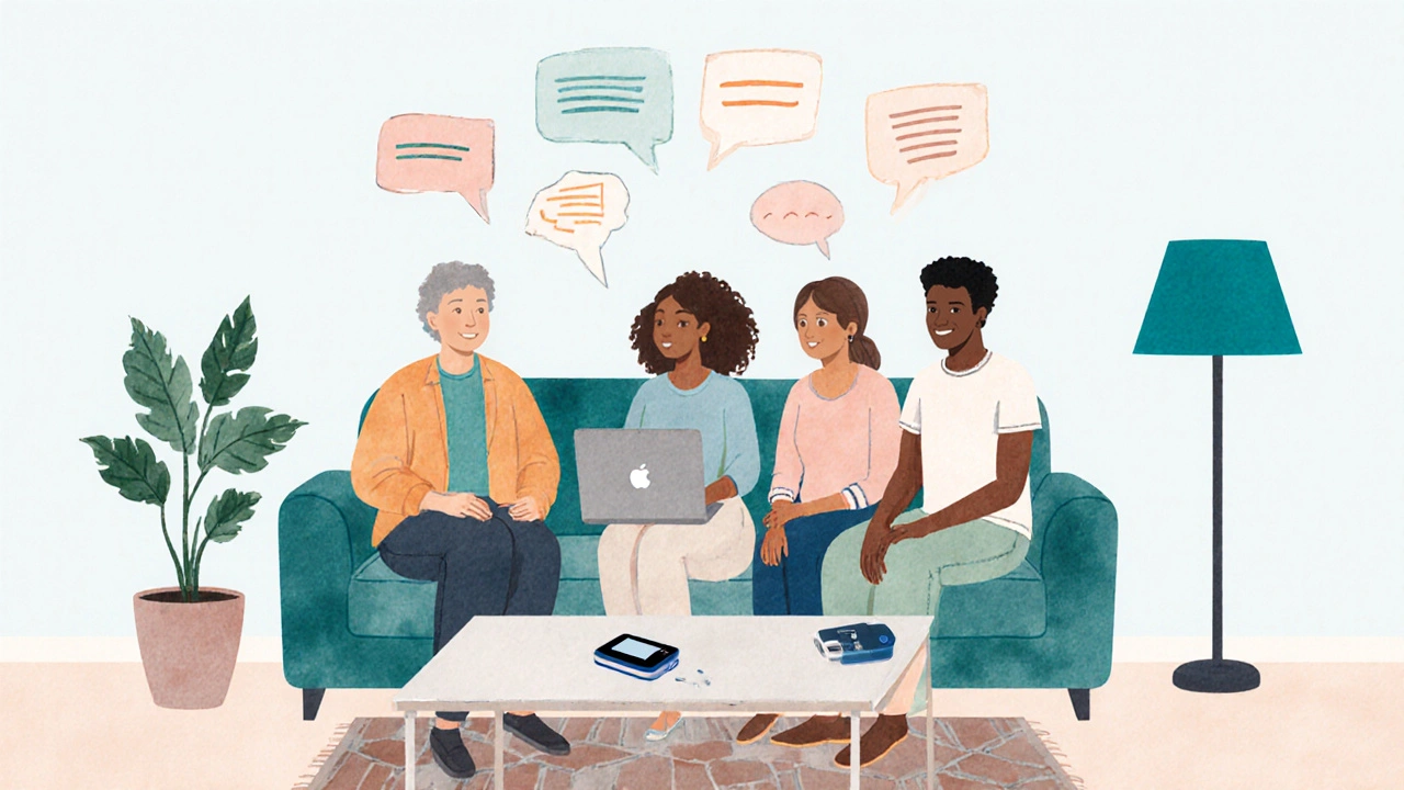 Diverse group in a living room video‑calling for a supportive diabetes peer meeting.