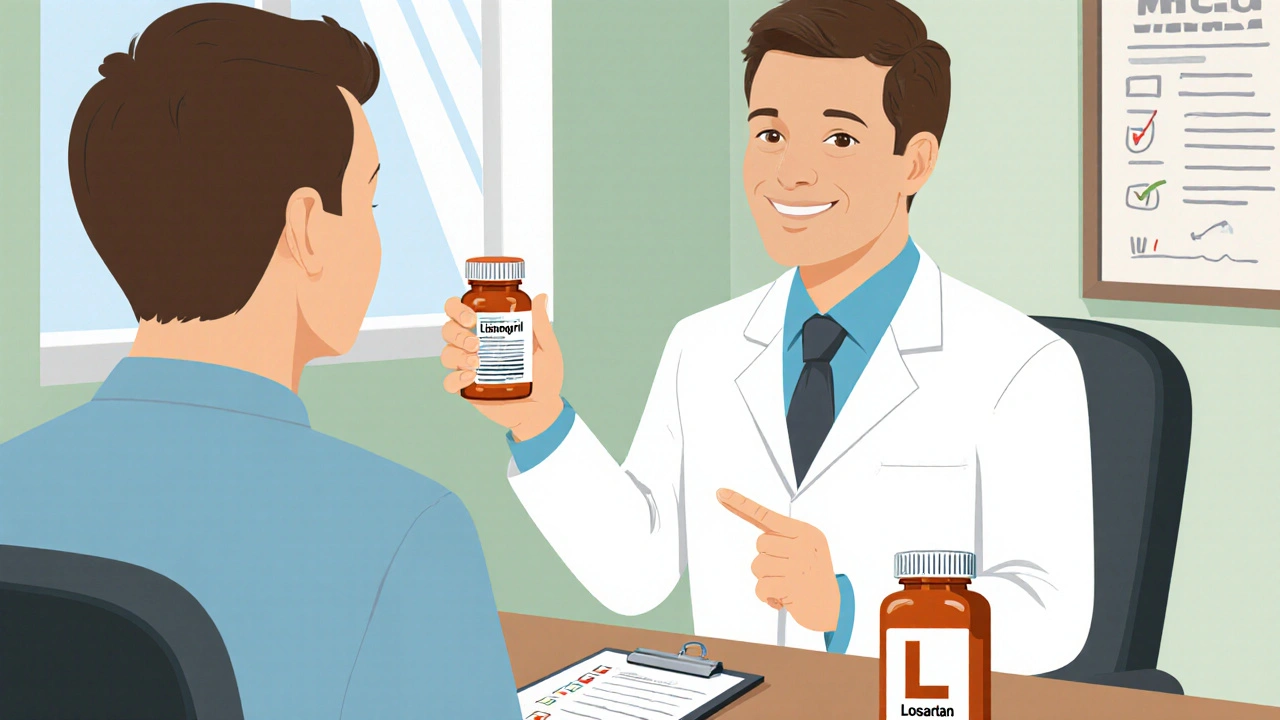 Doctor and patient discuss switching from Lisinopril to Losartan, with medication bottles on a desk.