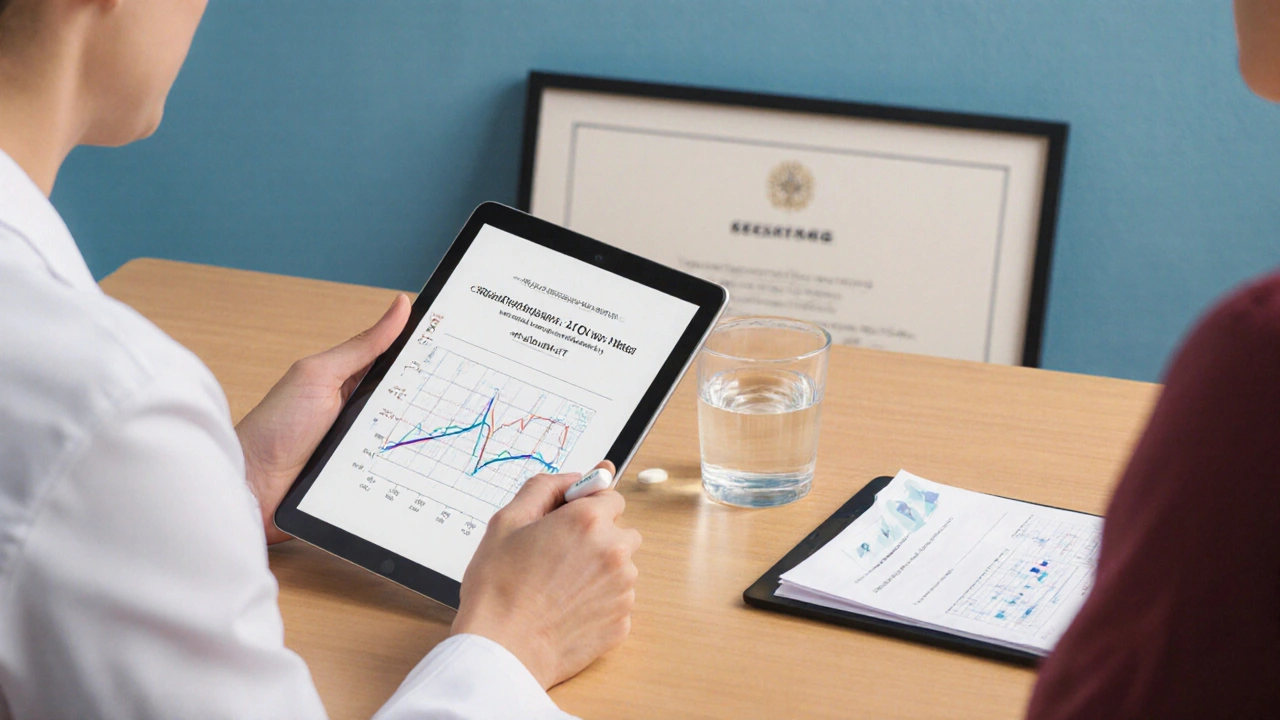 Doctor and patient discussing treatment with a Ranolazine tablet on the table.