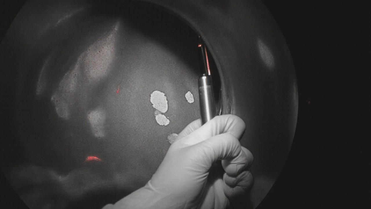 Endoscopic scene in grayscale with amber endoscope light and red plaques.