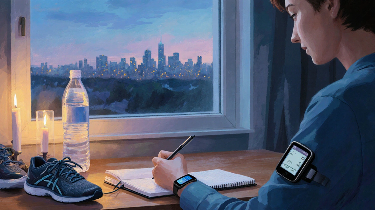 Evening scene of a person journaling with a CGM on the arm, candles and city dusk visible.