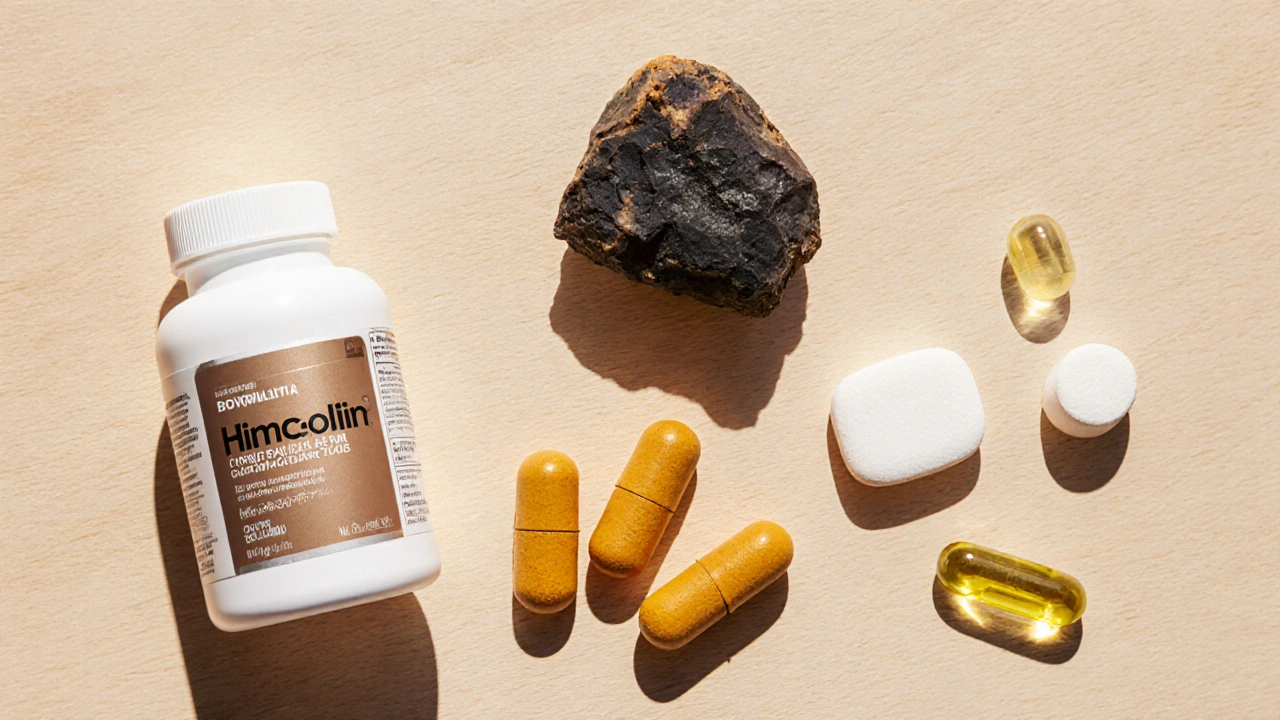 Flat‑lay of five joint‑health supplements: Himcolin, curcumin, Boswellia, glucosamine, and fish oil.