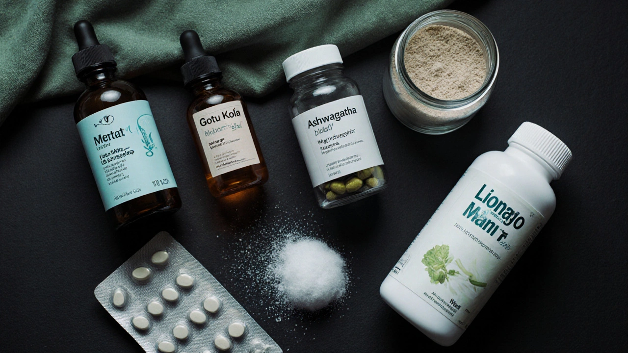 Flat‑lay of six brain‑boosting supplements: syrups, capsules, tablets, and powder on a dark surface.