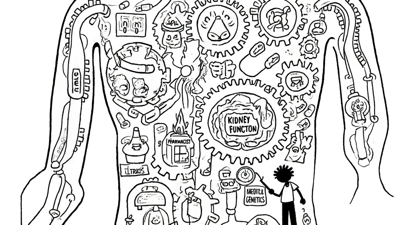 Human body as mechanical system with misaligned gear, pharmacist guiding with magnifying glass.