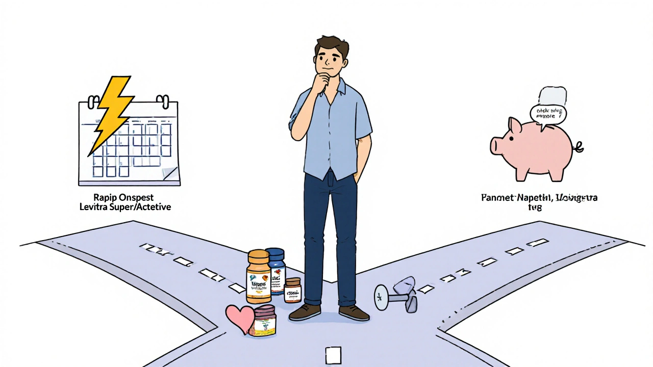 Illustration of a man choosing between fast, long, and cheap ED pill options with supplement cues.