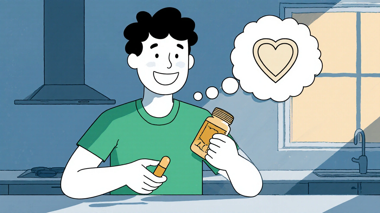 Illustration of a person choosing Lasuna capsule, with heart and immune symbols.