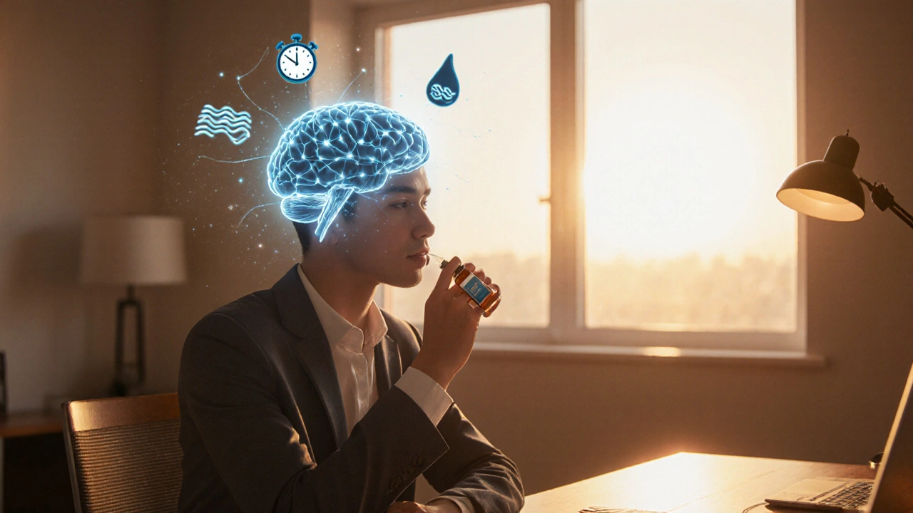 Illustration of a person taking Mentat DS syrup with a glowing brain aura and subtle cognitive symbols.