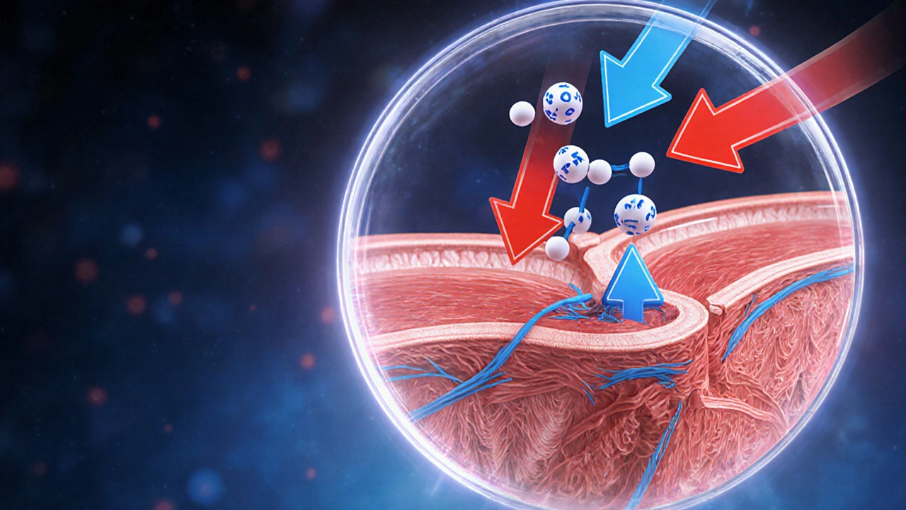 Illustration of tadalafil blocking PDE5, increasing blood flow in penile tissue.