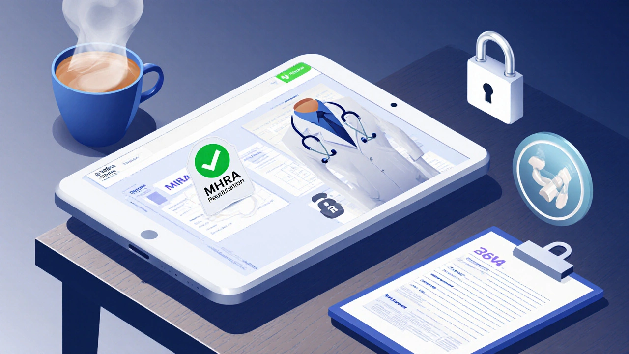 Isometric view of online pharmacy dashboard with MHRA badge, pharmacist icon, and secure lock.