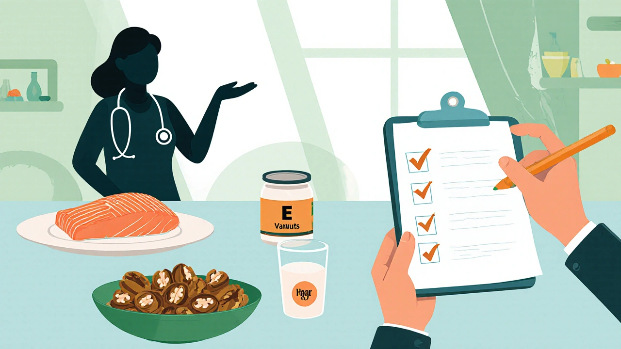 Kitchen scene with salmon, walnuts, soy milk, vitamin E capsules and a doctor offering guidance.