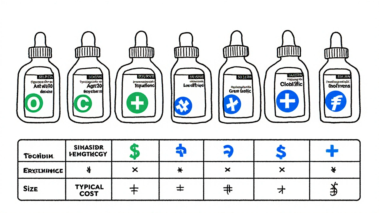 Line‑art illustration of several ophthalmic antibiotic bottles lined up, each labeled with its name and coverage icons.