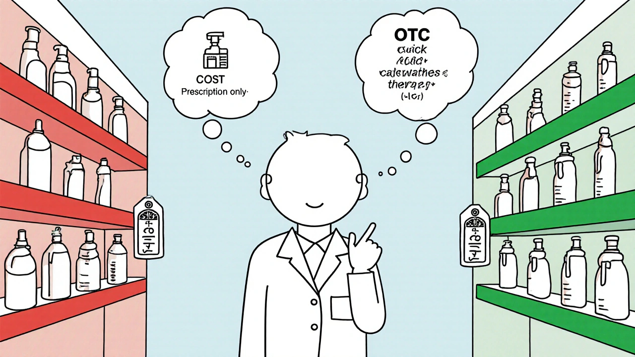 Line‑art scene of a shopper choosing between prescription and OTC nasal sprays with thought bubbles.