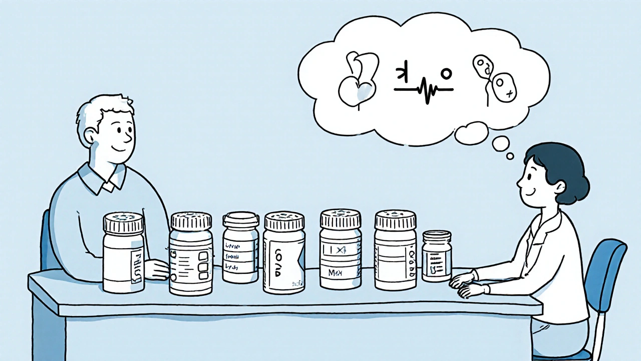 Line illustration of a patient, doctor, and six different pill bottles showing dosing cues.