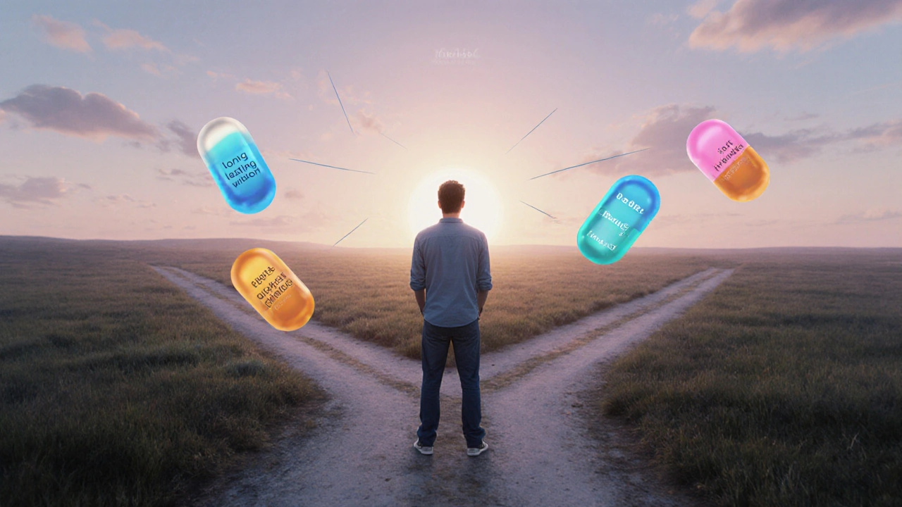 Man at a crossroads choosing between glowing pills representing different ED drugs.