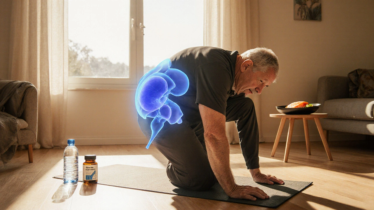 Man stretching on a mat while a shrinking prostate silhouette and health items suggest relief.