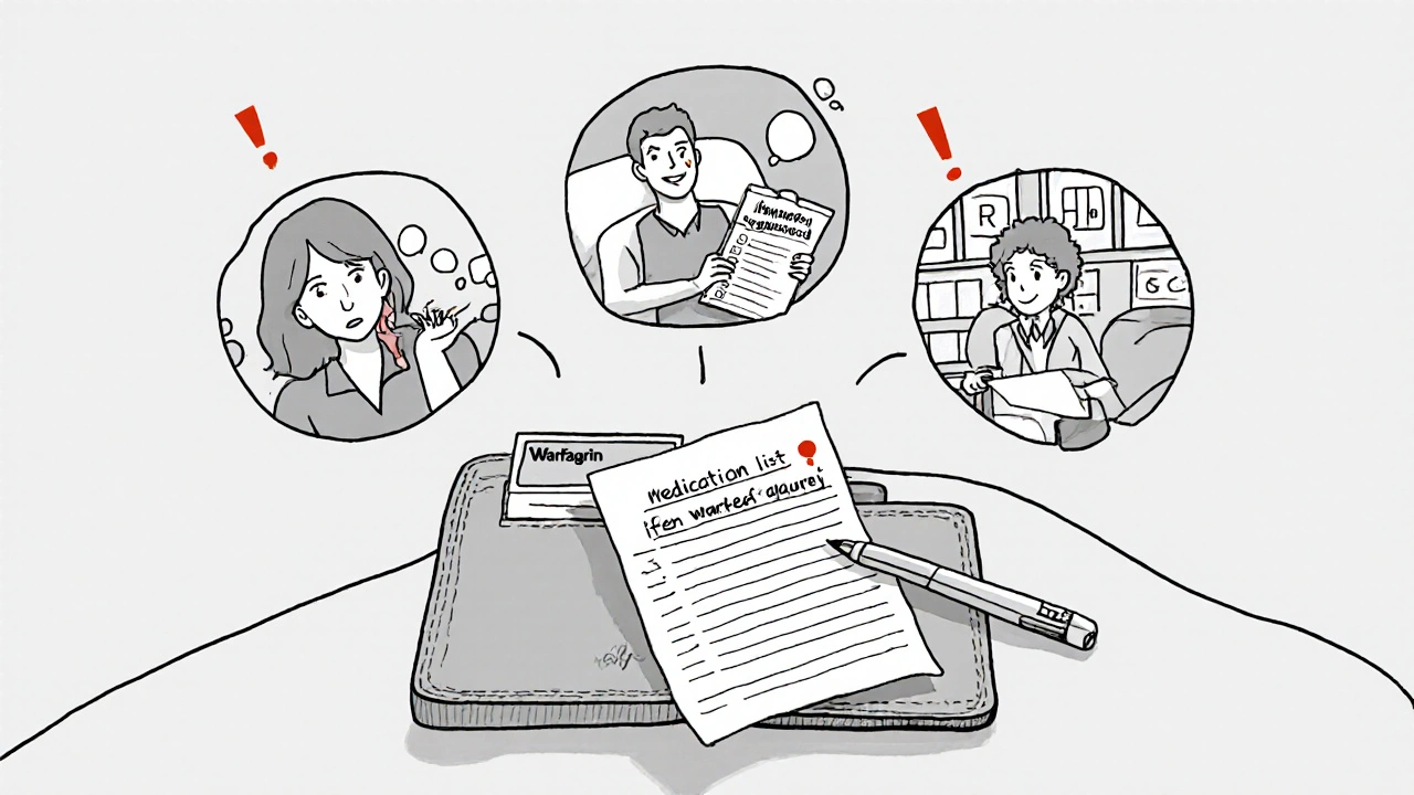 Open wallet with handwritten medication list and emergency scenario icons.