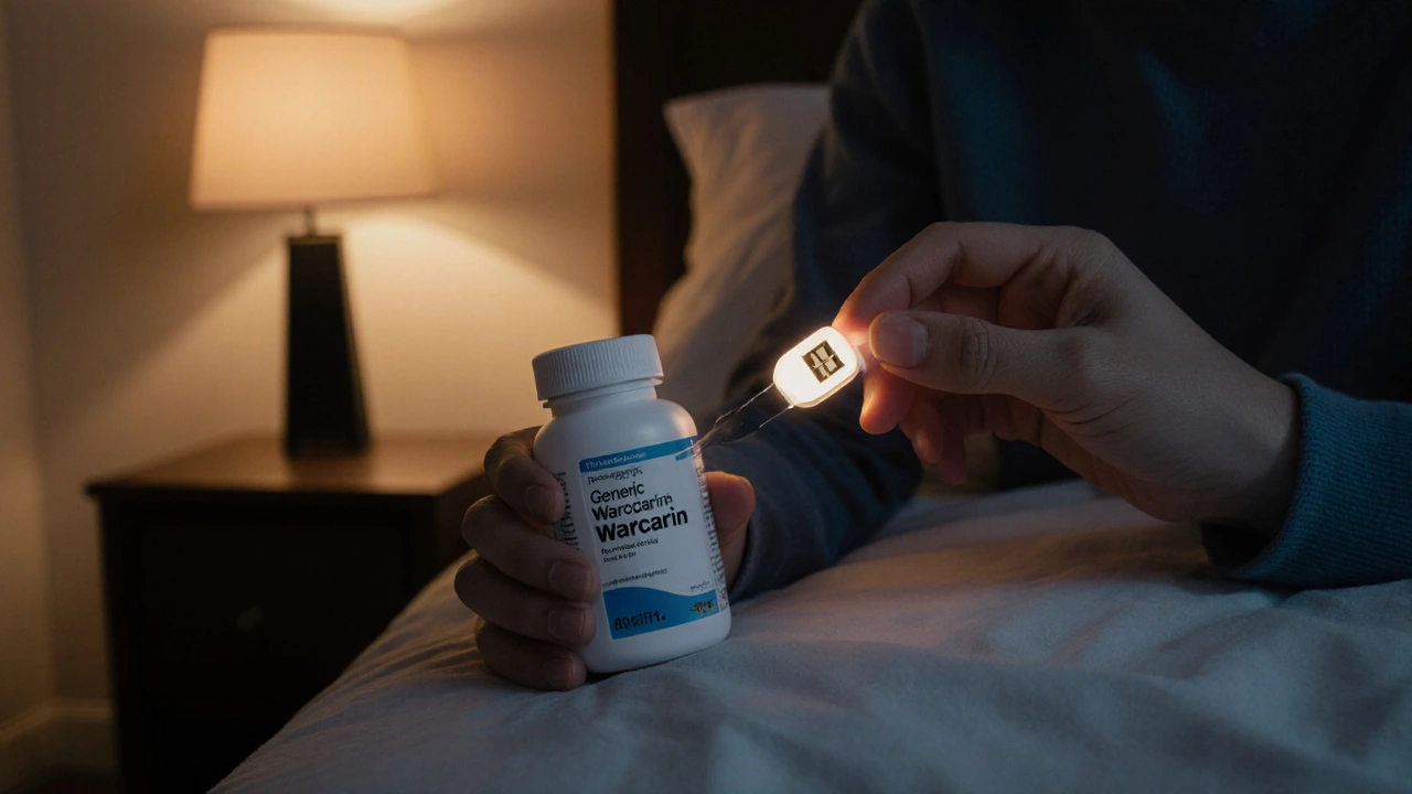 Patient checking INR at home with warfarin bottle beside a glowing testing device.