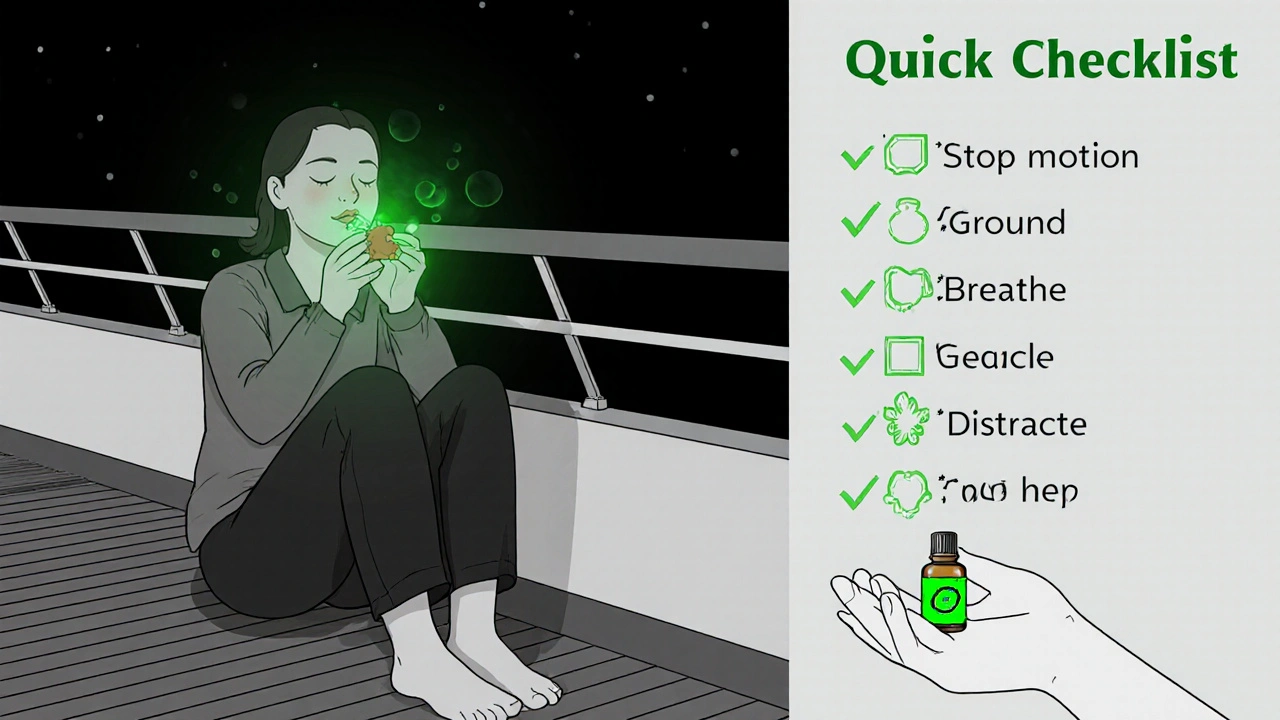 Person on boat using green‑accented ginger candy and breathing, with a green checklist for quick relief.