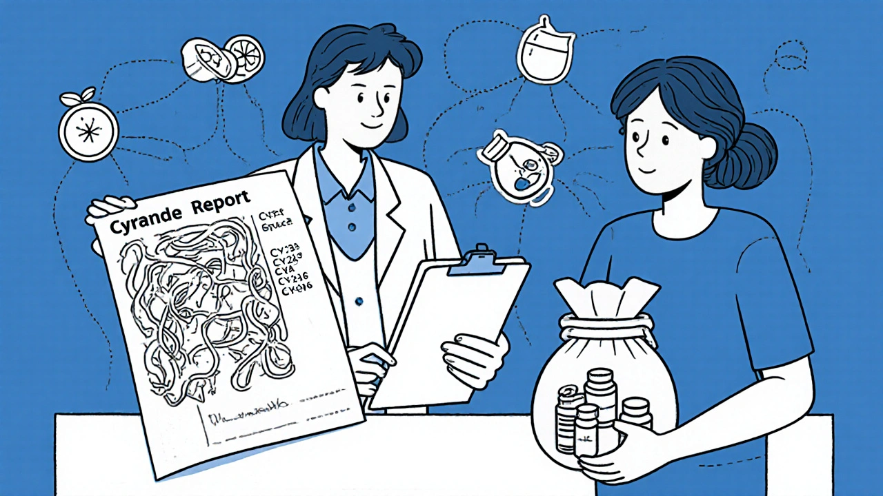 Pharmacist reviewing DrugBank report with patient holding pills and supplements.