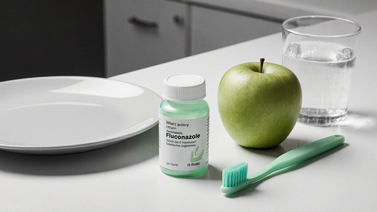 Recovery scene showing fluconazole bottle, apple, and toothbrush with green accents.