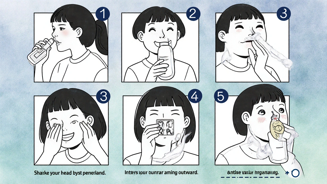 Six‑panel line‑art guide showing a person correctly using a nasal spray step by step.