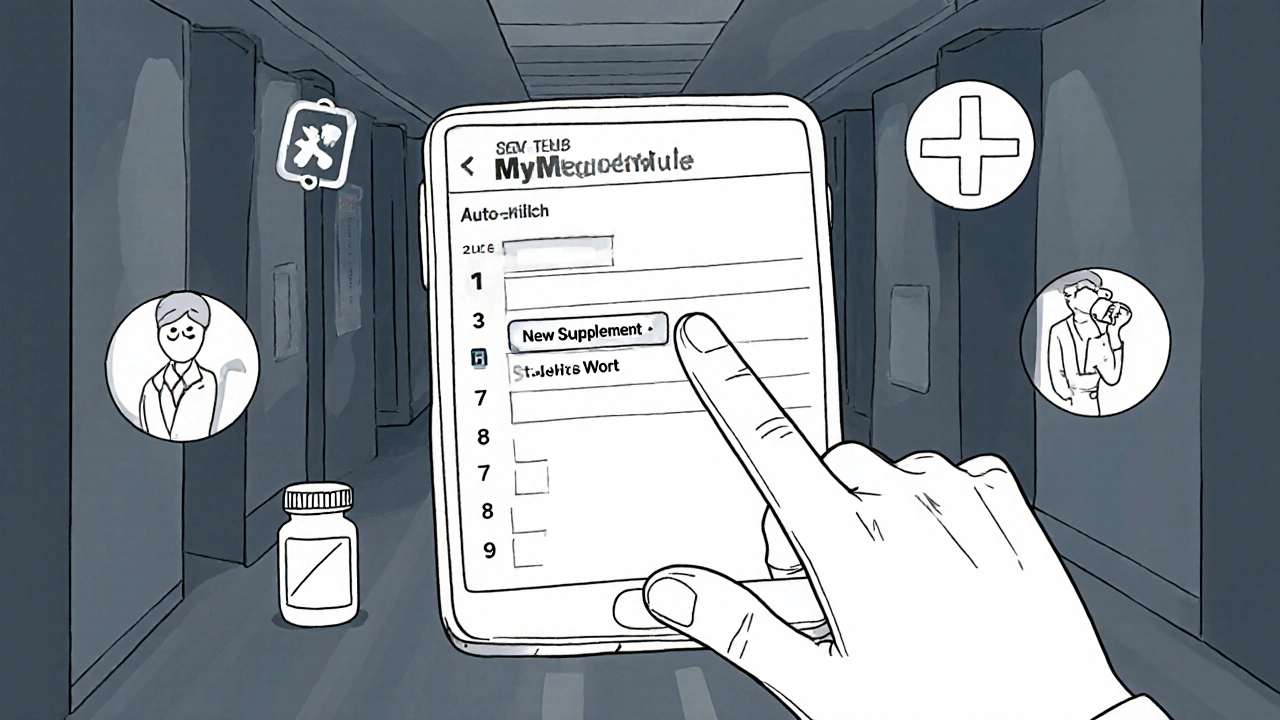 Smartphone showing app scanning a pill bottle with medical icons nearby.