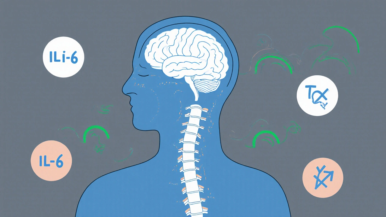Stylized spine and brain with glowing receptors and neutralized inflammation markers.