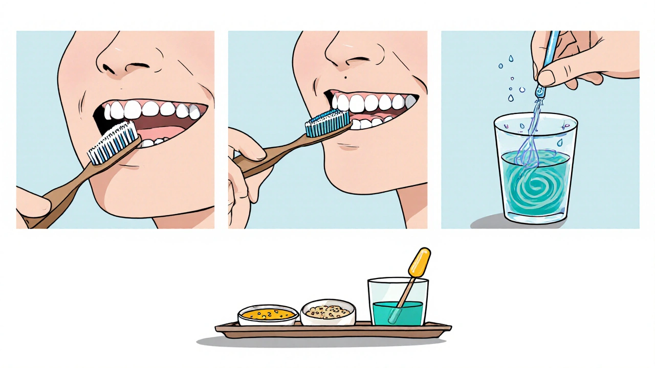 Three panels showing brushing, water‑flossing, and rinsing with benzydamine.