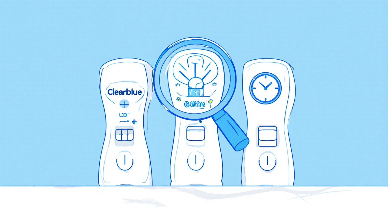 Three pregnancy test strips side‑by‑side with a magnifying glass highlighting sensitivity.