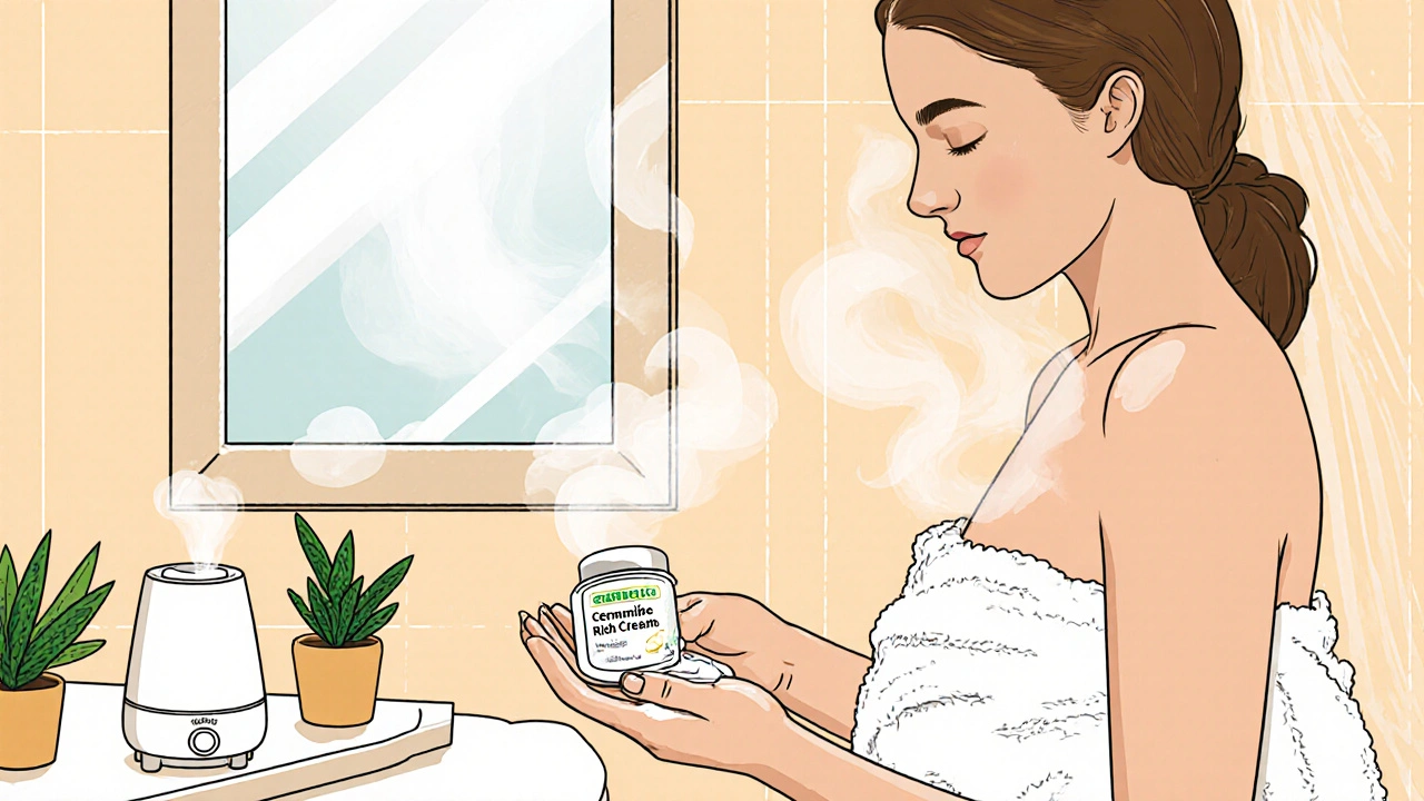 Woman exiting a lukewarm shower applying cream while a humidifier mist surrounds her.