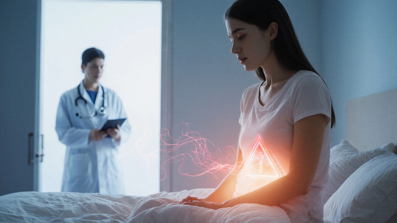 Woman on bed with faint red aura near lower abdomen and a doctor silhouette in the background.