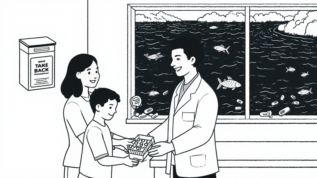 A family returning expired pills to a pharmacist at a pharmacy take-back bin.