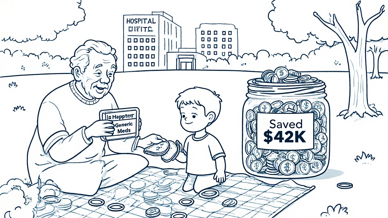 A grandfather at a picnic with a pill organizer and a savings jar overflowing, a hospital fading in the distance.