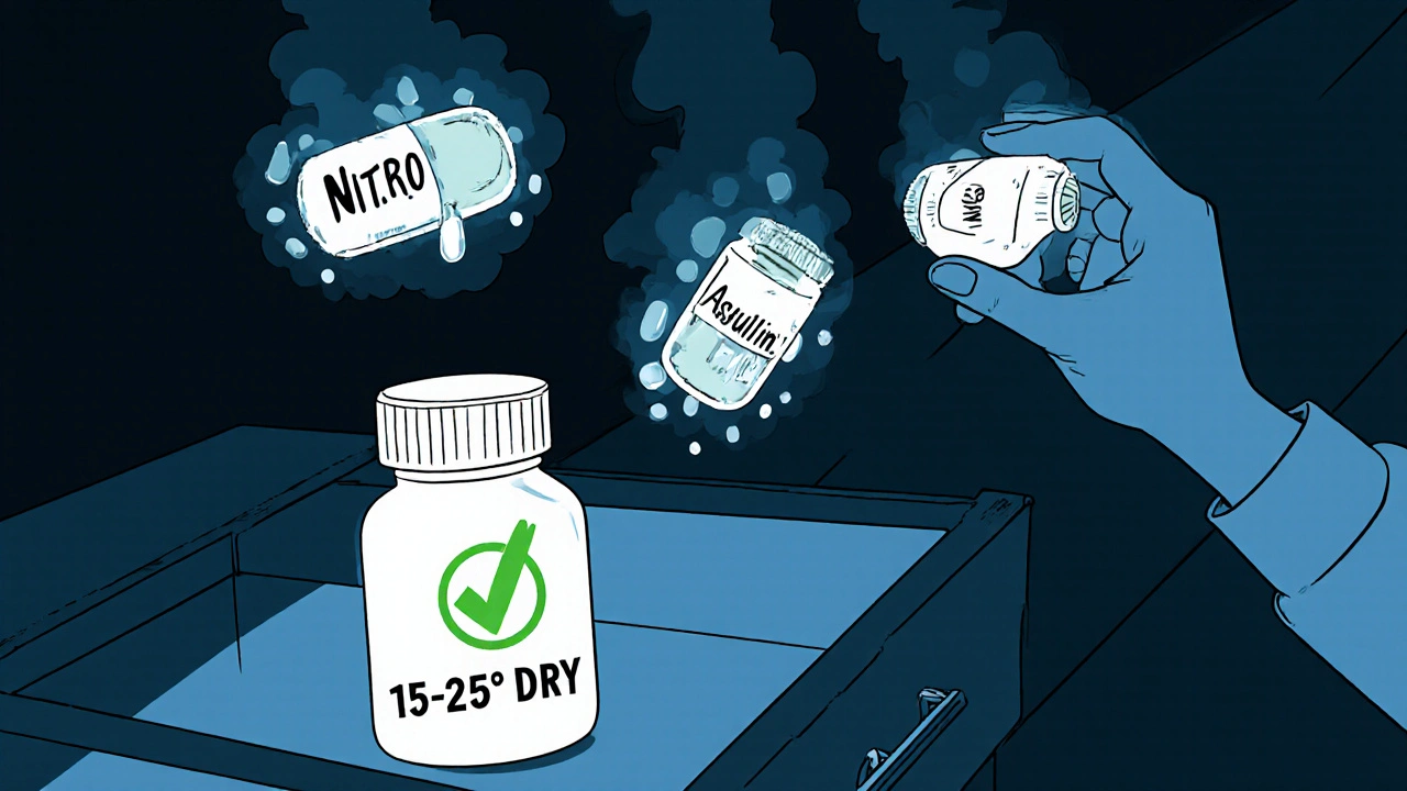 A pill bottle stored safely in a dark drawer while degraded medications fade into steam above.