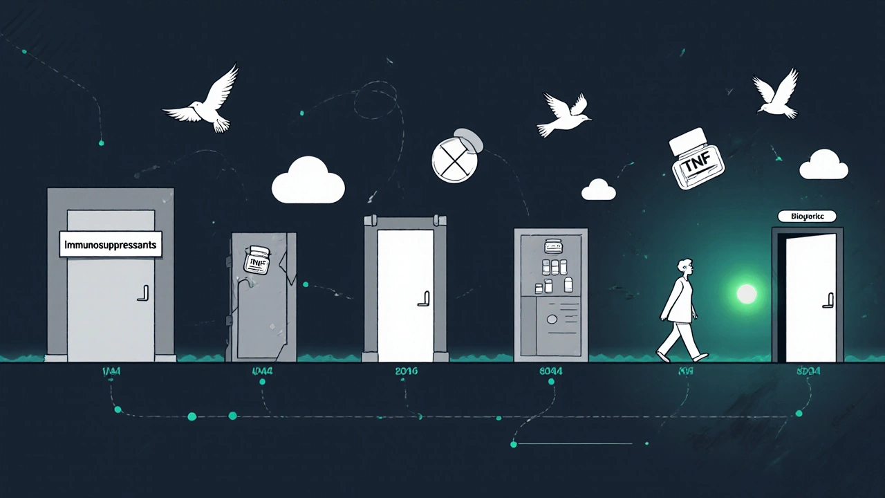 Cancer survivor walking through a door labeled &#039;Immunosuppressants&#039; with glowing green light and drug icons as birds.