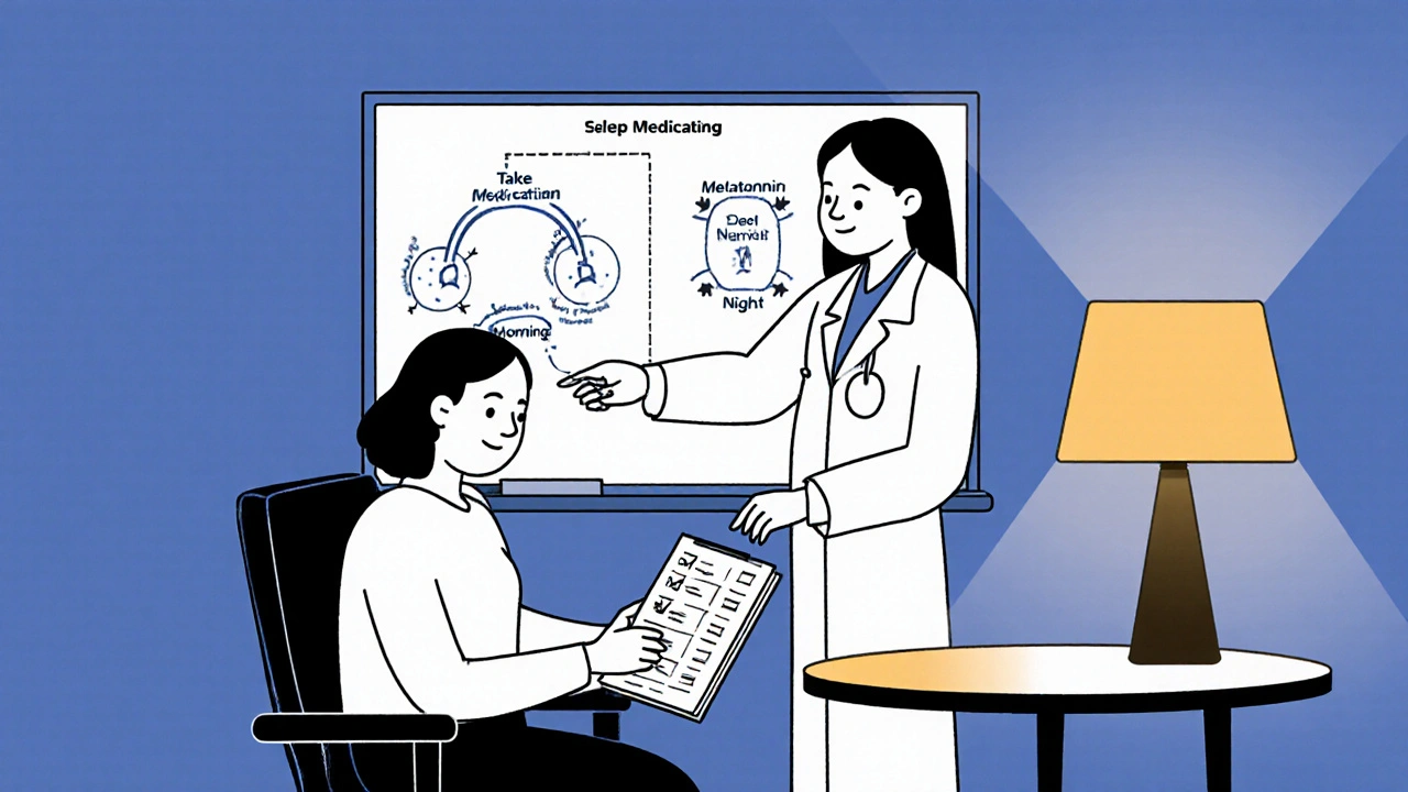 Doctor and patient reviewing a sleep journal and circadian rhythm diagram at a table.