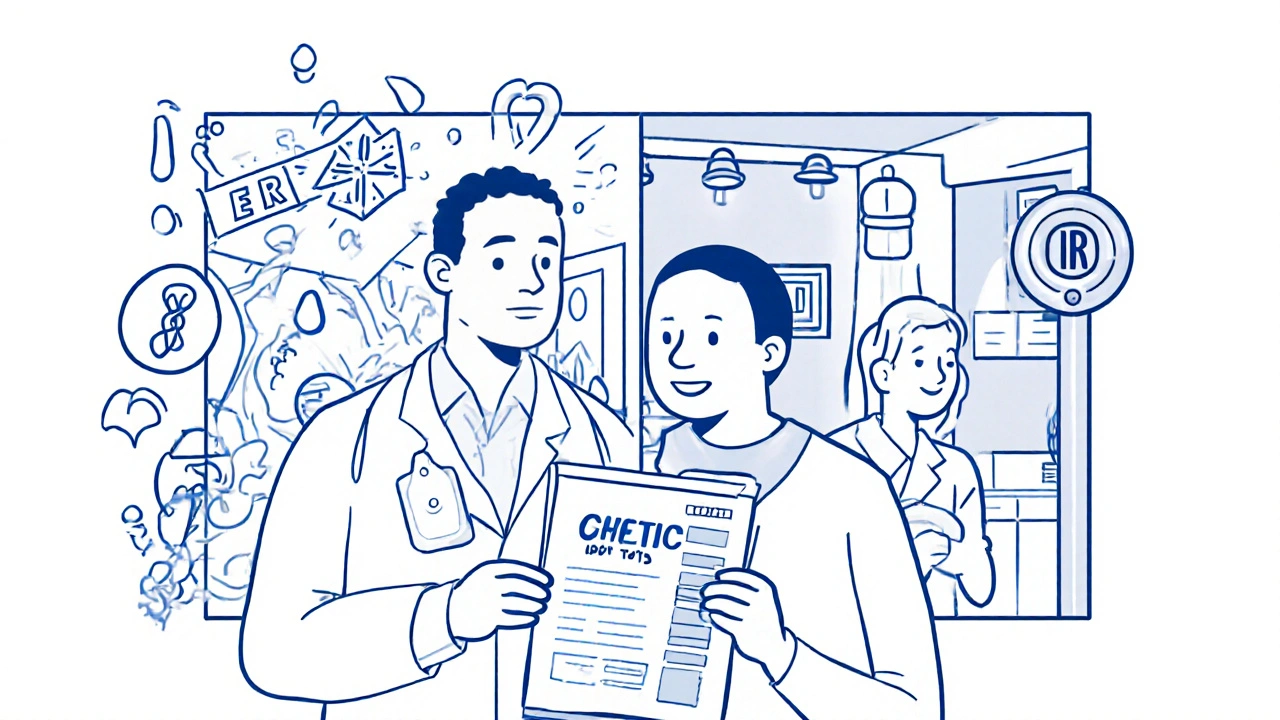 Doctor and patient with genetic test report, contrasting emergency and stable outcomes.